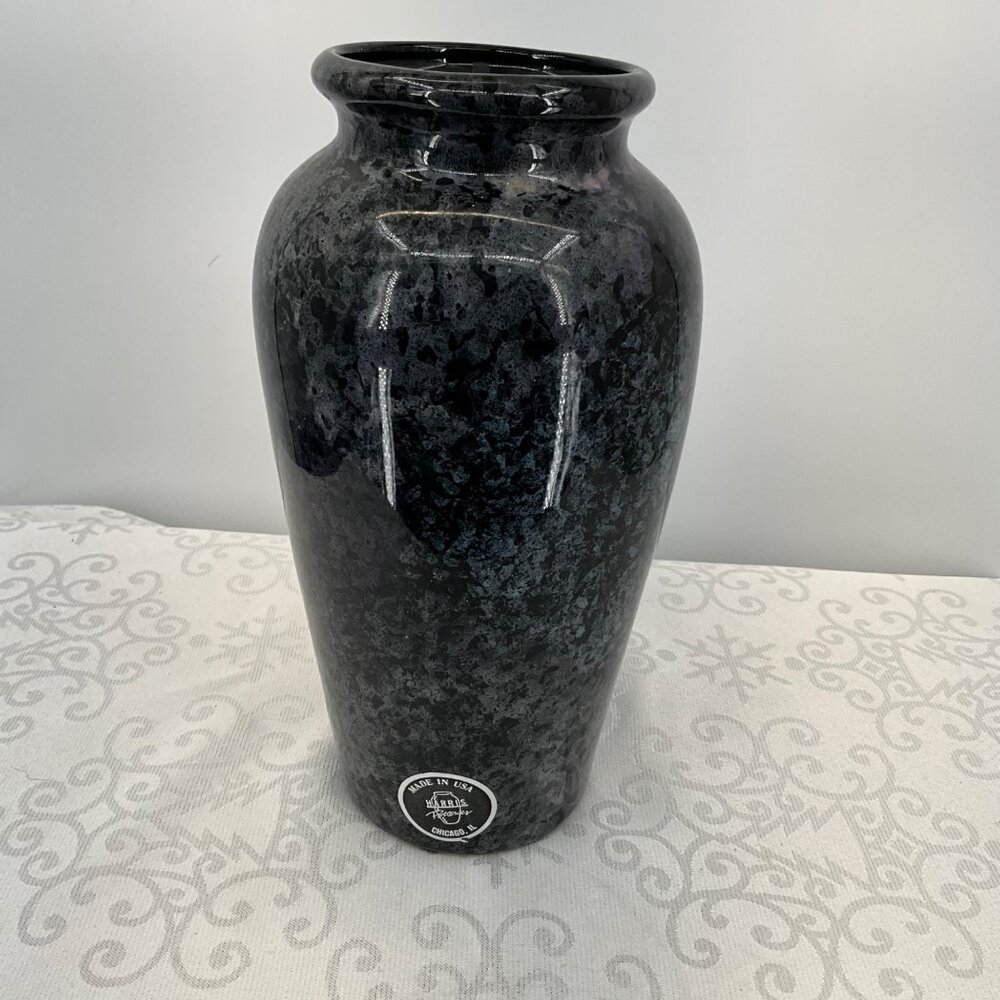 Harris Pottery‎ Ceramic Vase Black Mottled Glaze Made In Usa Chicago